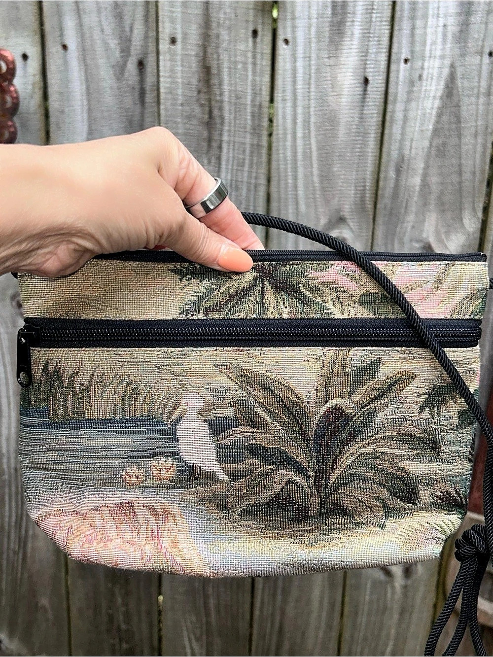 Danny K. Tapestry Crossbody Bag Tropical Palm Tree Flamingo Heron Canvas Purse